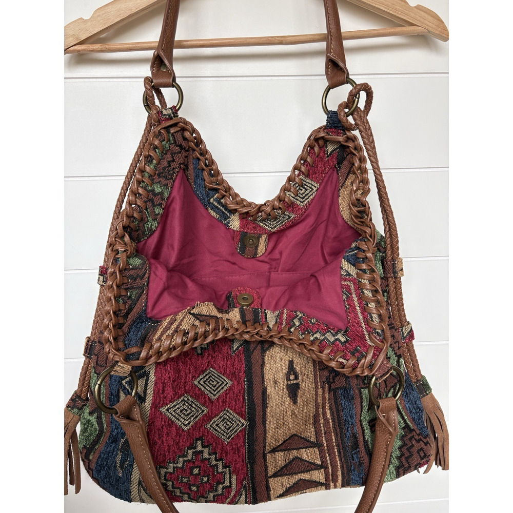 Southwestern Tapestry Hobo Bag Woven Fringe Boho Aztec Slouchy Handbag Purse - Picture 10 of 16